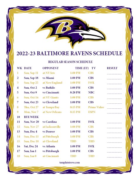 Printable Ravens Schedule 2022
